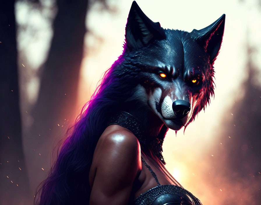 Person with Wolf's Head, Glowing Eyes, and Purple Hair in Forest Scene