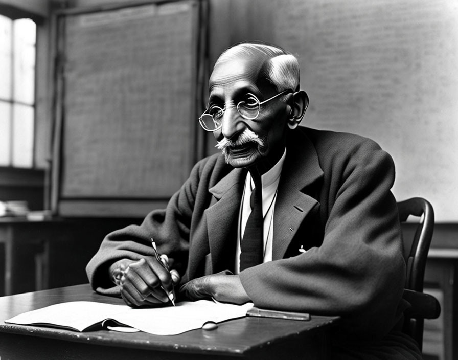 Monochrome photo of elderly man with mustache writing at desk