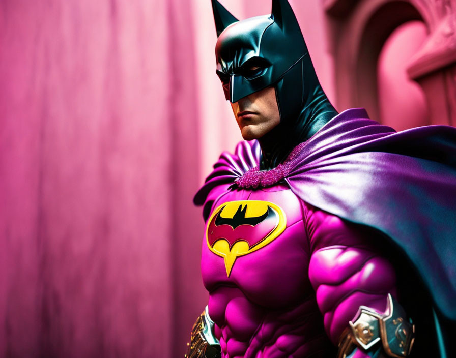 Vibrant Batman Costume with Bat-Symbol on Pink Background