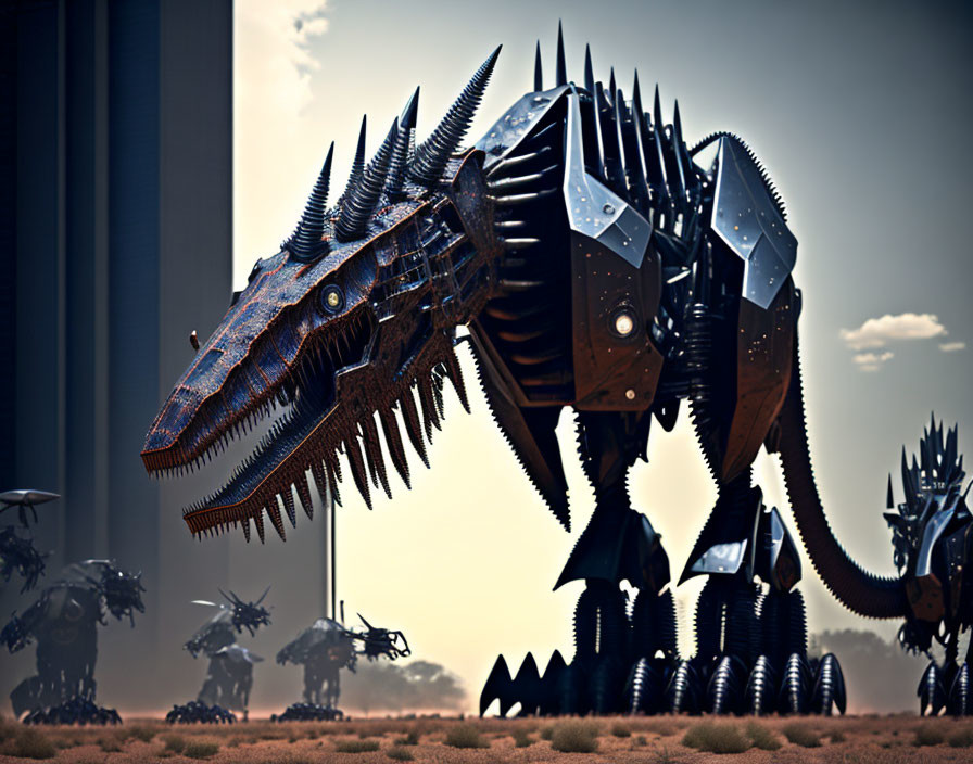 Metallic dinosaur-like robot with spikes in desert landscape