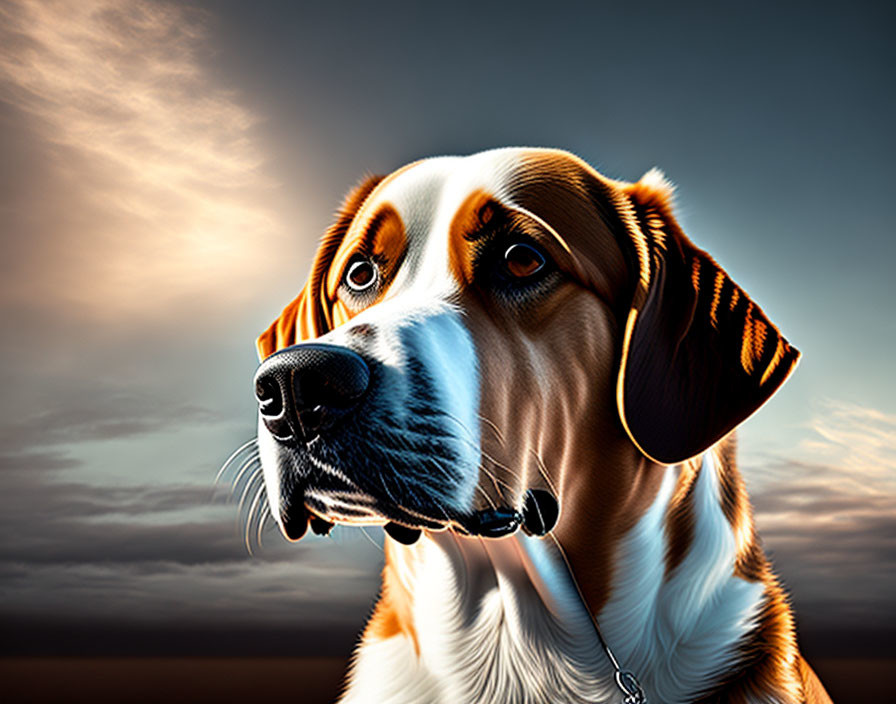 Beagle with brown and white fur against dramatic sky