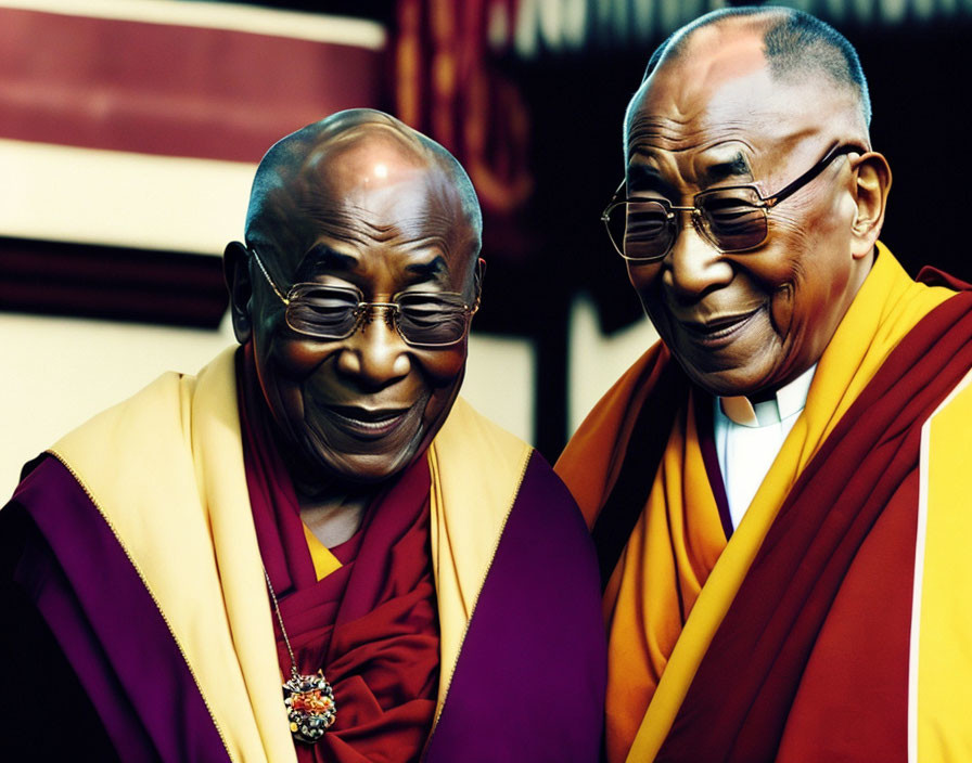 Smiling individuals in Buddhist robes with glasses in front of blurry background