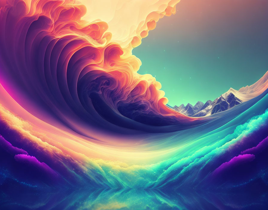 Colorful Surreal Landscape with Fiery Wave and Snowy Mountains