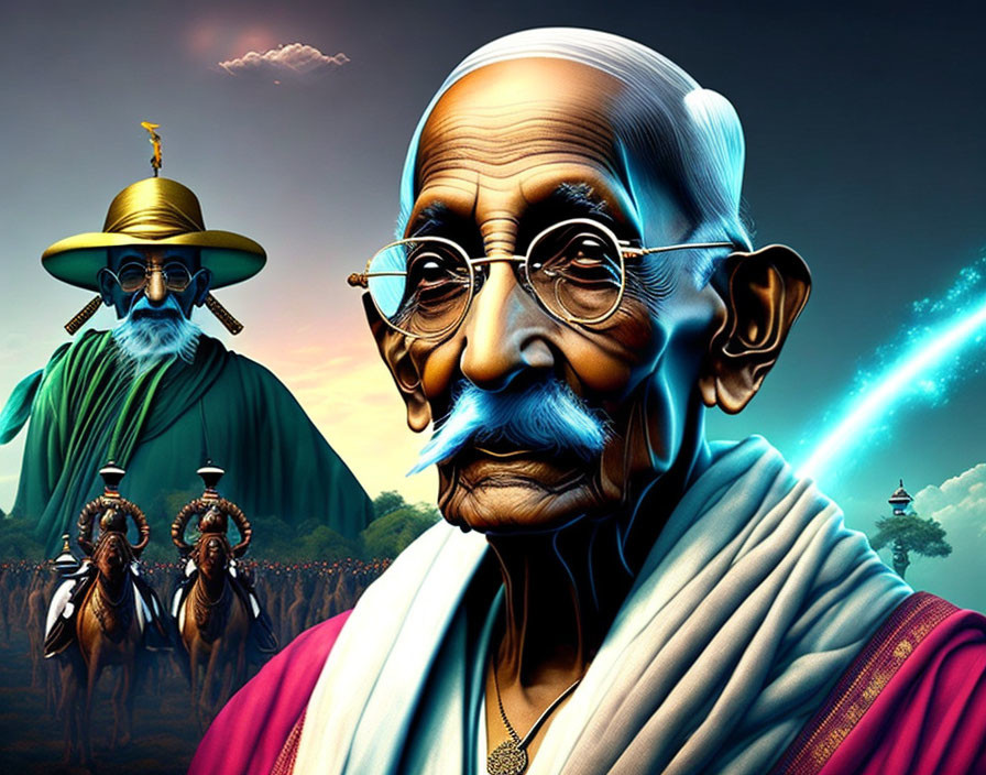 Digital artwork featuring older man with mustache and historical figures.