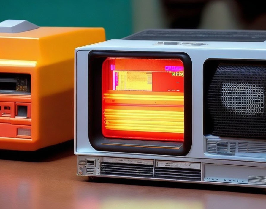 Vintage Portable Televisions and Retro Orange Radio on Desk