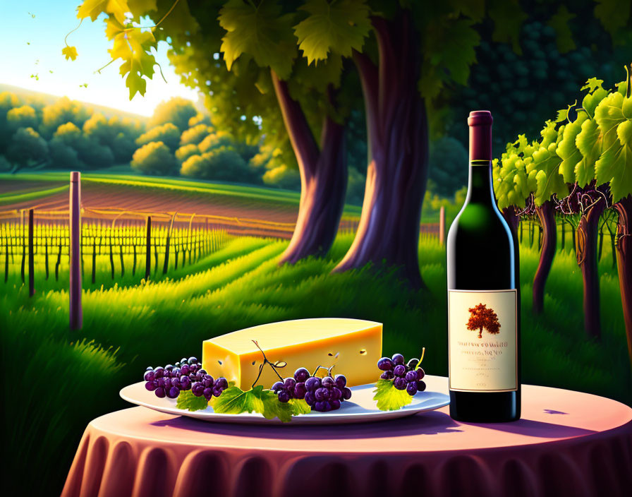 Red wine, cheese, and grapes on a vineyard plate