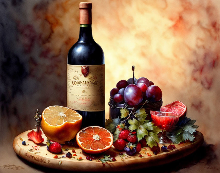 Classic Still Life Painting with Wine Bottle, Glass, and Fruits