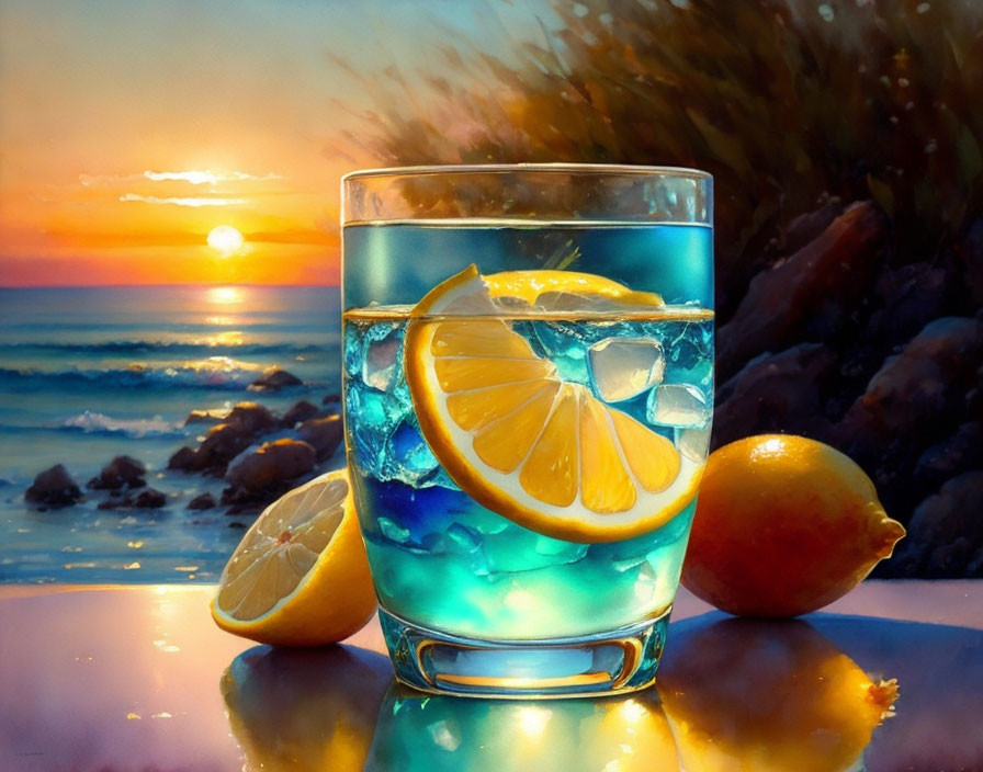 Colorful glass with lemon slices and ice at sunset on rocky shoreline