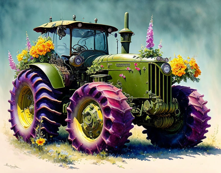 Colorful illustration of green tractor with purple wheels and flowers