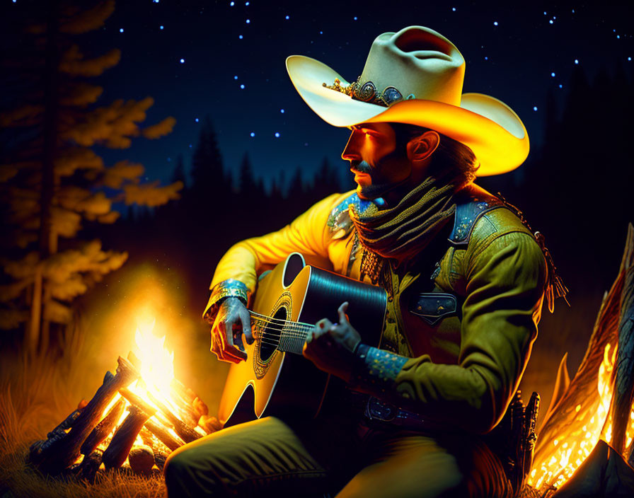 Cowboy playing guitar by campfire under starry night sky in forest