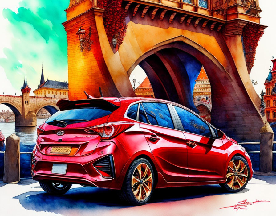 Red Car Parked by Historic Stone Bridge in Watercolor Art