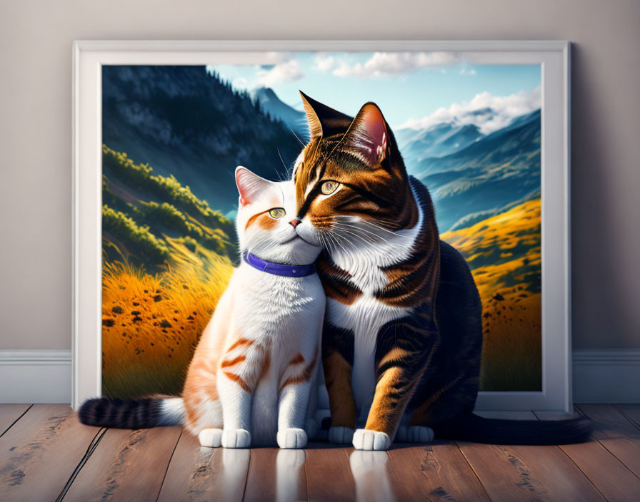 Illustrated cats cuddle in front of landscape painting