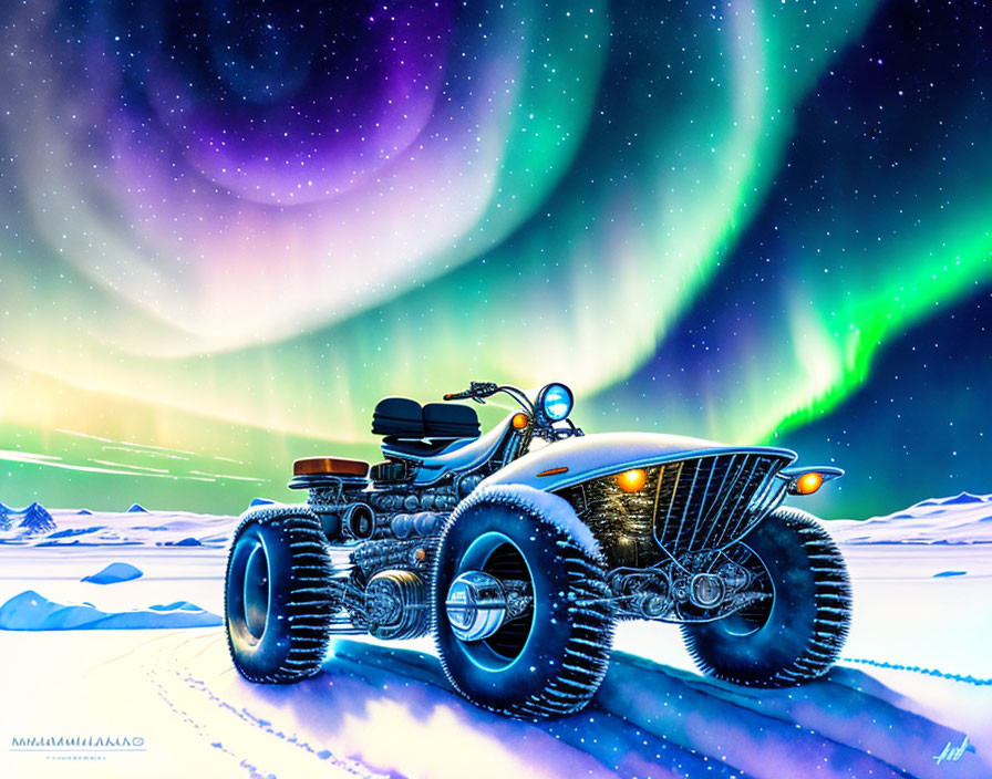 Futuristic ATV with oversized wheels under aurora borealis