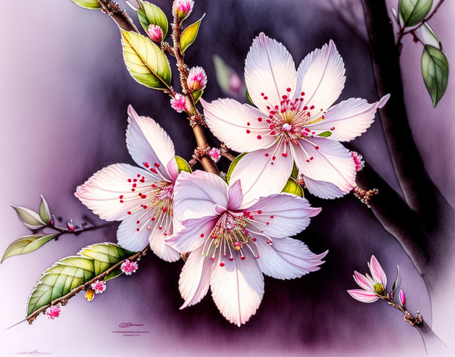 Delicate Cherry Blossoms Illustration on Purple Background