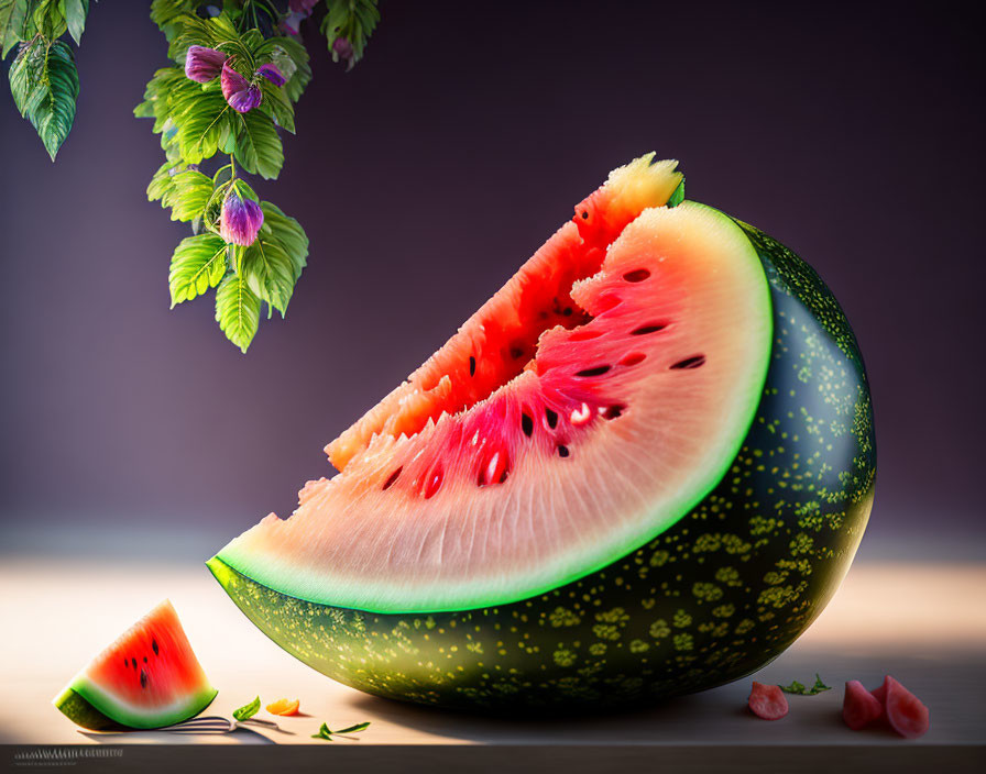 Fresh ripe watermelon with cut slice, green leaves, and purple flowers on table