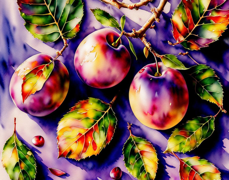 Colorful watercolor painting of plums with dewdrops on branch, autumn leaves, purple background