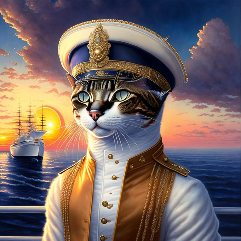 Cat in ornate naval officer uniform with ships in sunset background