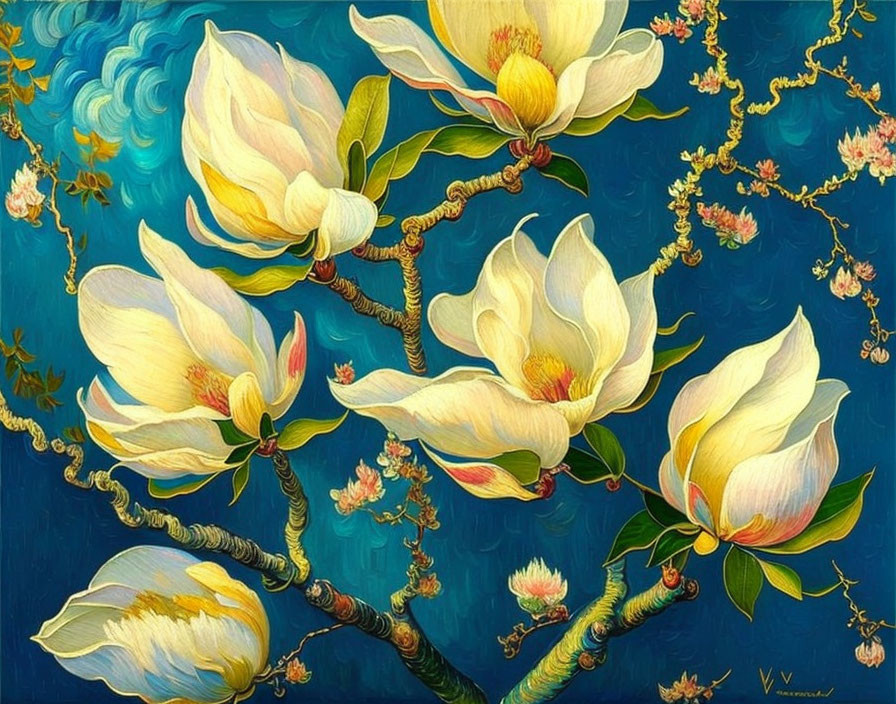 White Magnolia Flowers Painting on Blue Background with Gold Accents