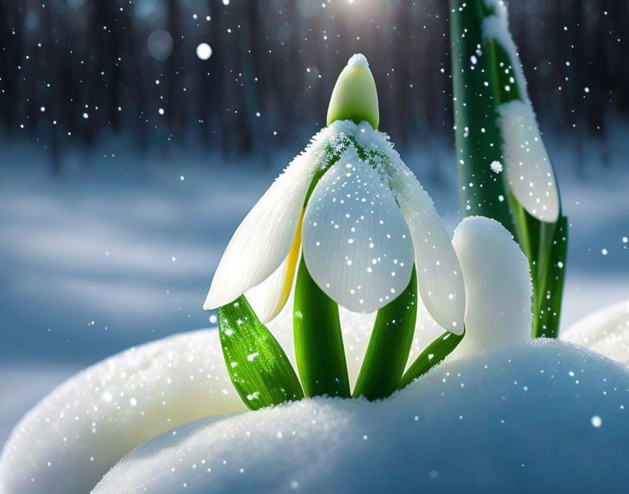 Snowdrop flower in snowy landscape with falling snowflakes