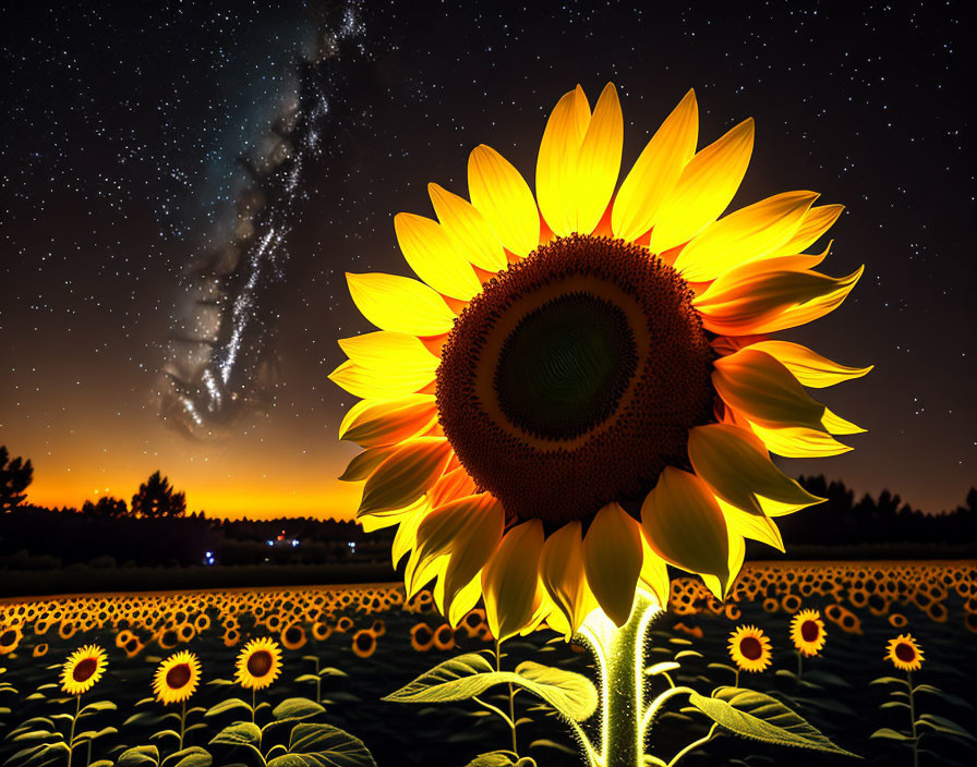 Sunflower in Night Sky with Stars and Milky Way in Field