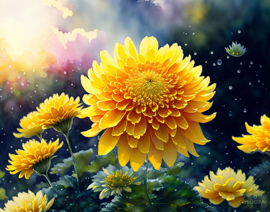 Bright Yellow Chrysanthemum Flowers with Water Droplets and Sunlit Bokeh