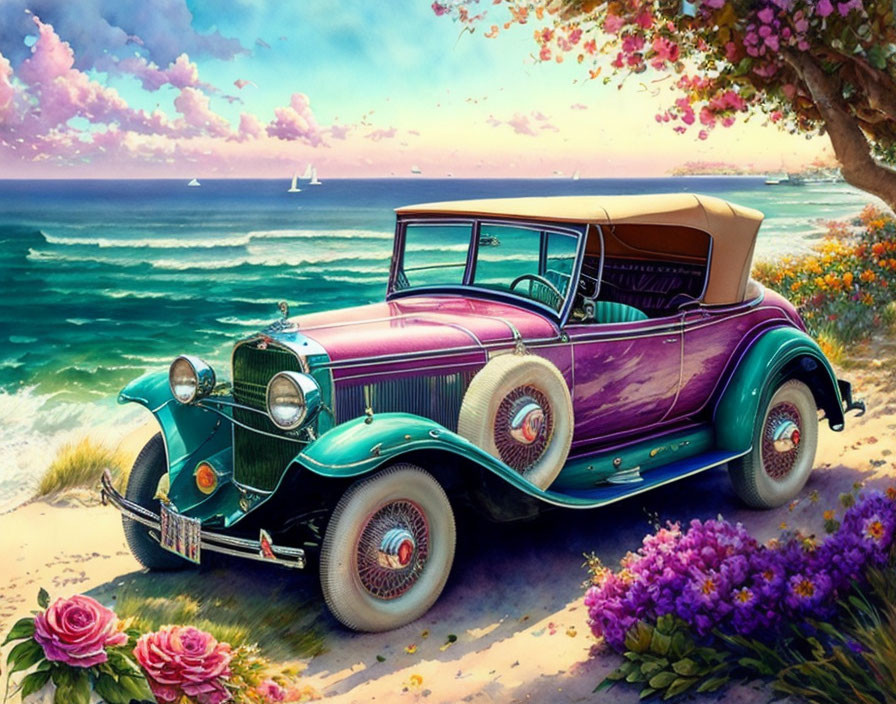 Vintage Car by Ocean View with Flowers and Sailboats