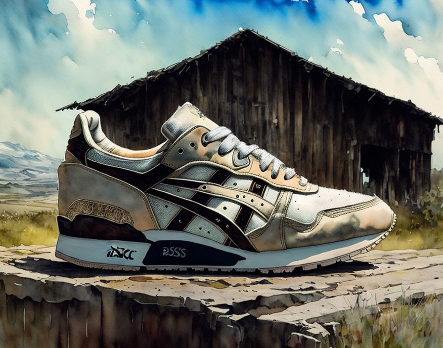 Vintage Sneaker Illustration with Detailed Shading on Rustic Barn Background