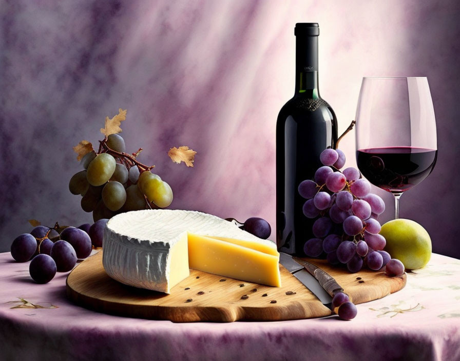 Red wine bottle, glass, grapes, cheese, and knife on wooden board with purple backdrop.