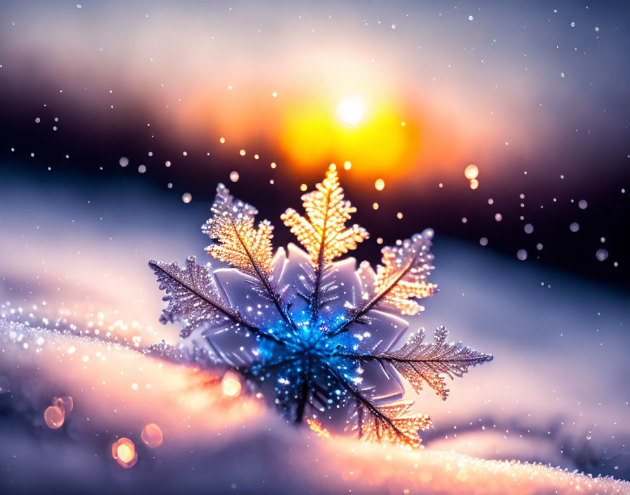 Snow-covered fir cone under warm sunset with falling snowflakes