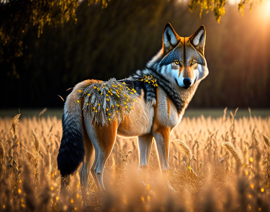 Fox with yellow flowers in golden field at sunset