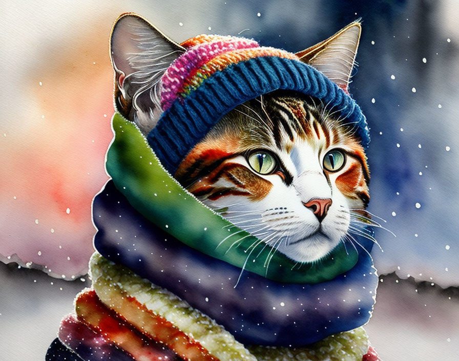  A cat with a bobble hat, scarf and sweater...