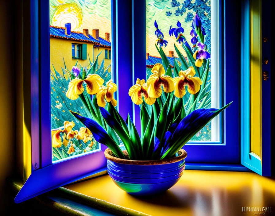 Colorful irises in blue pot by window with village view in Van Gogh style