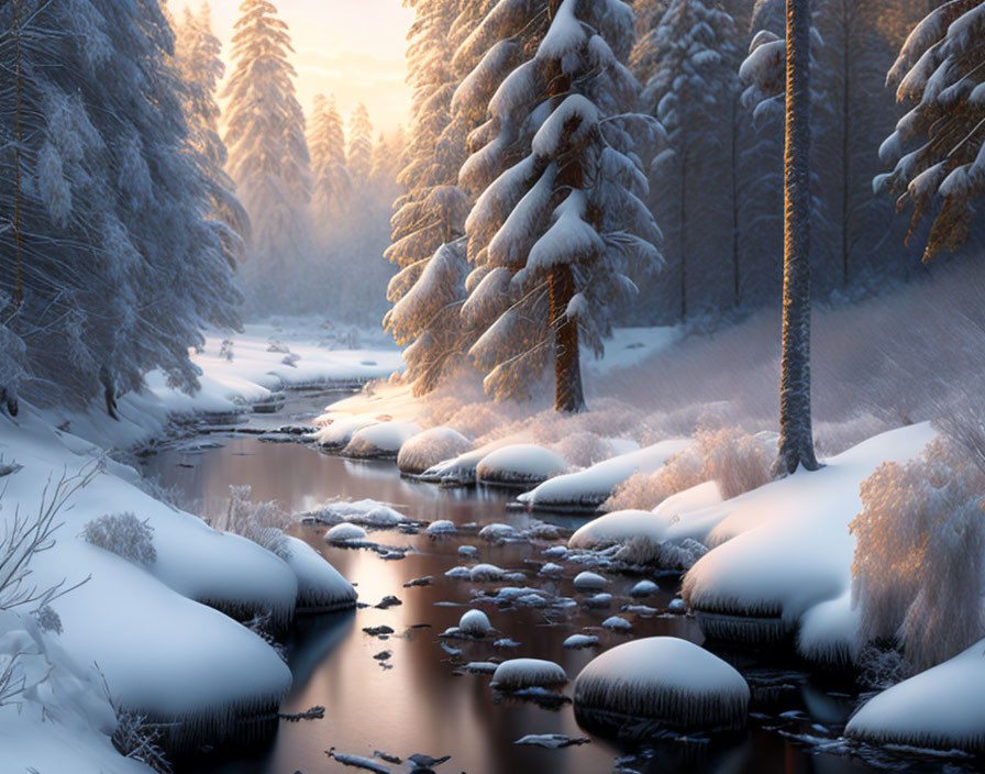 Snow-covered trees and rocks by tranquil stream in soft winter sunlight