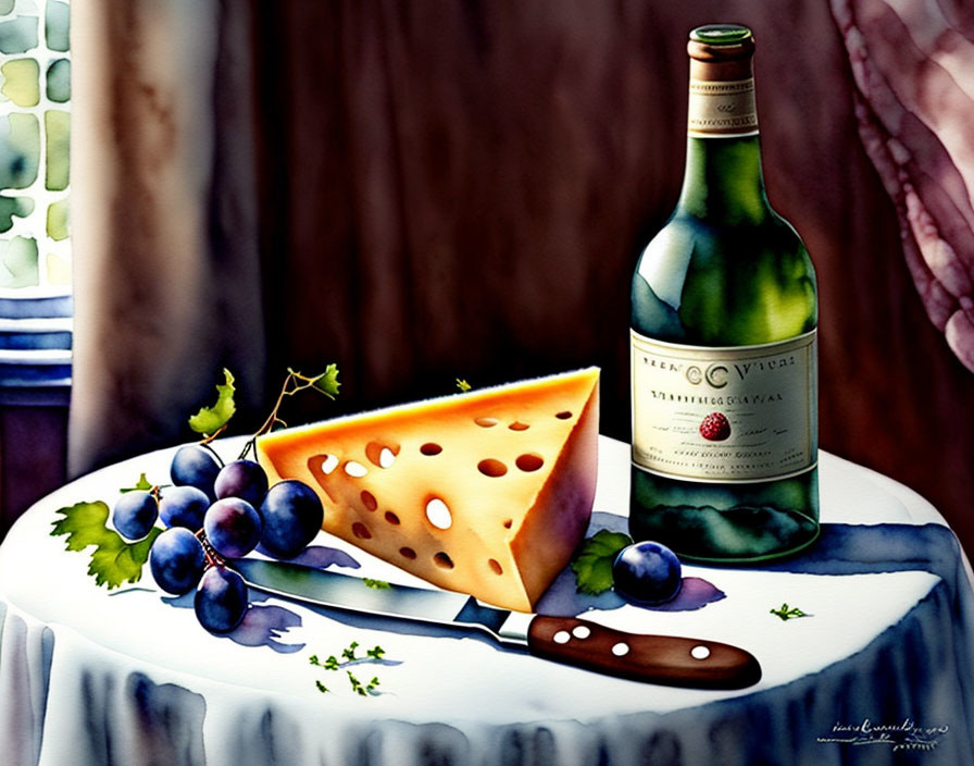 Classic still-life painting with cheese, grapes, wine bottle, and knife on table.