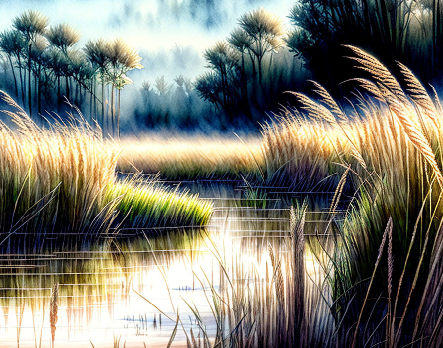 Tranquil lakeside dawn with reeds, water, and silhouetted trees