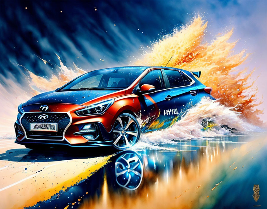 Dynamic Red Hyundai Car Illustration with Water and Paint Effects