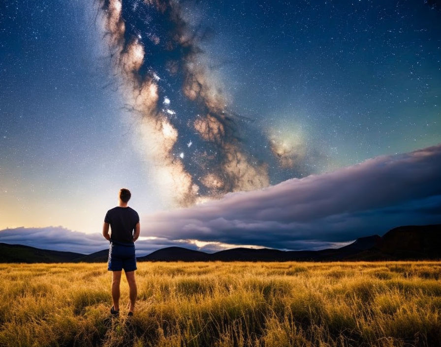 Night sky with Milky Way over mountains and person in field