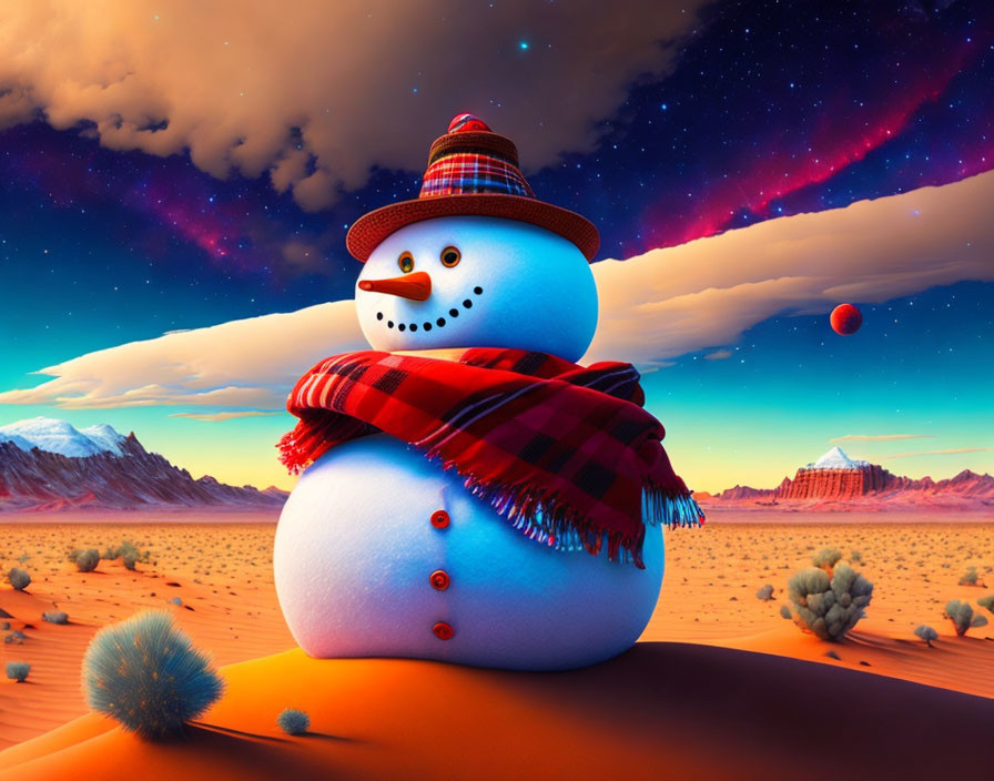 Snowman with hat and scarf in desert under twilight sky with stars and distant planet