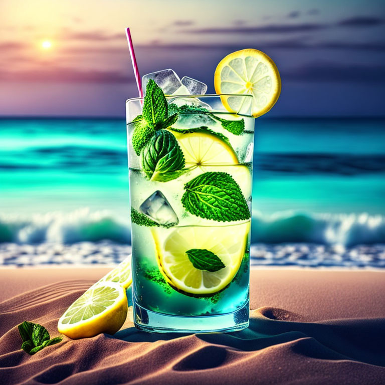 Mojito Cocktail with Ice, Mint, and Lemon on Beach at Sunset