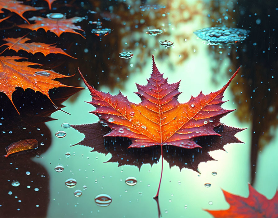 Red maple leaf on wet surface with water droplets and reflections.