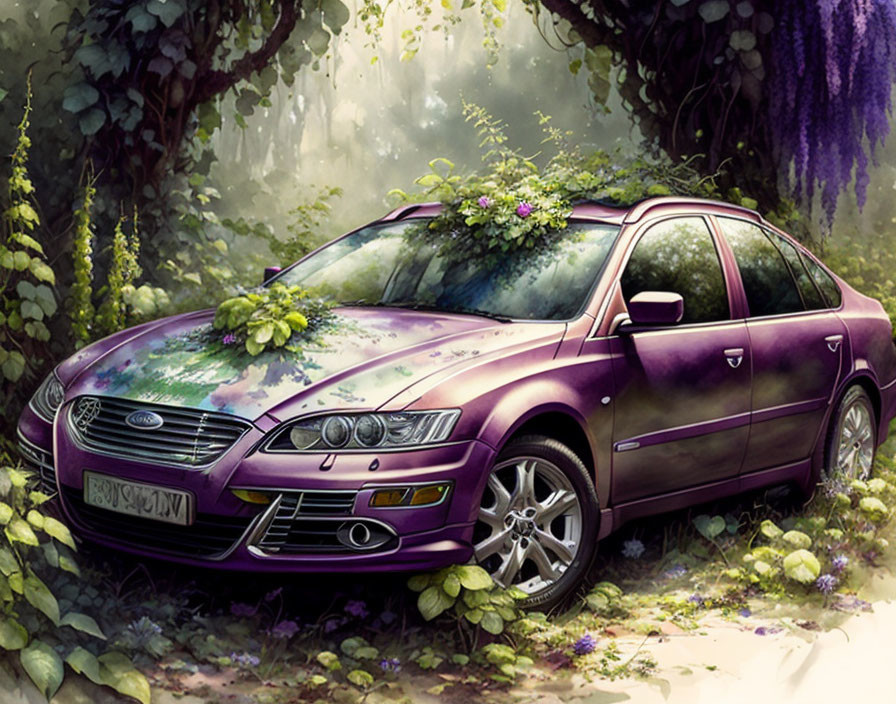 Abandoned purple car in lush forest with overgrown plants