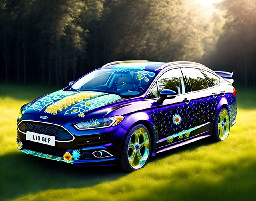 Custom Painted Ford Car with Space and Flower Designs in Sunny Forest