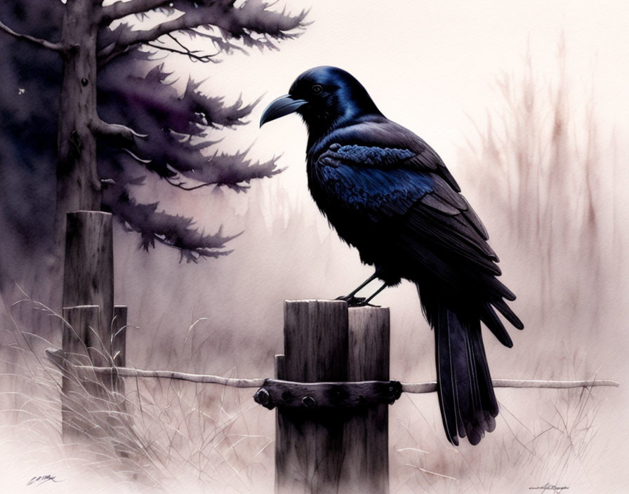 Iridescent Raven on Wooden Post in Moody Forest Setting