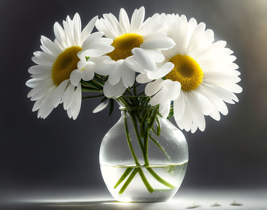 White daisies in clear vase with intersecting stems