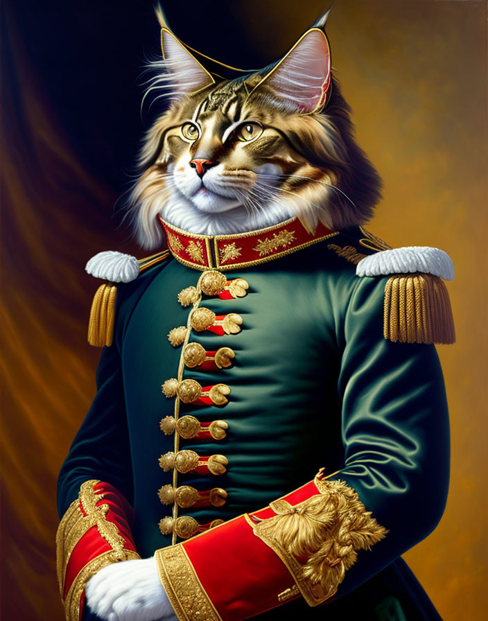 Regal cat in military uniform on golden-brown background