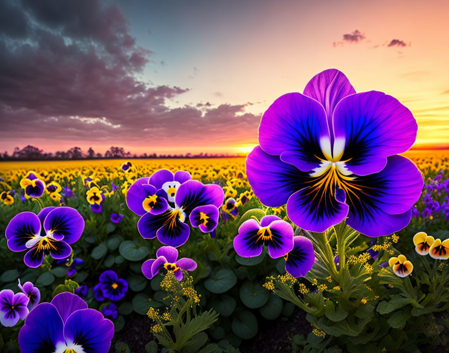 Colorful Sunset Over Vibrant Purple Pansies