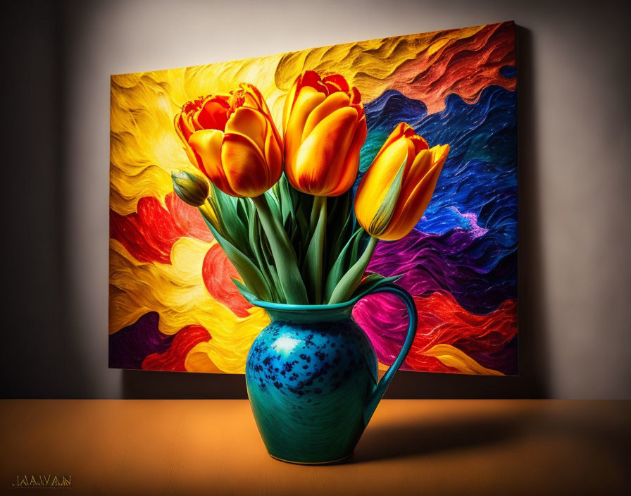 Colorful Still Life Photo: Blue Vase, Red & Yellow Tulips