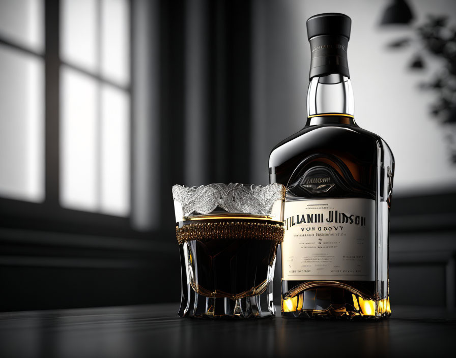 Whiskey bottle and glass on dark countertop with window light