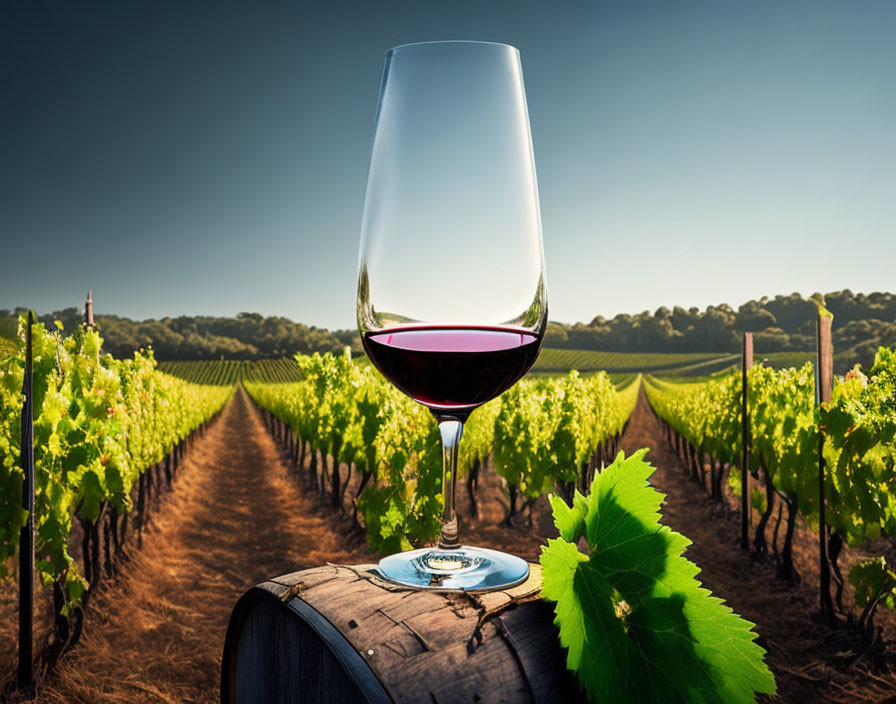 Red wine glass on wooden barrel in vineyard with grapevines and blue sky