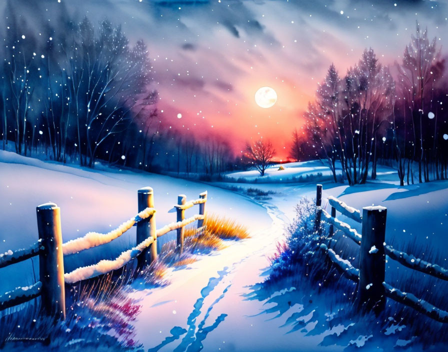 Snowy Twilight Landscape with Full Moon and Wooden Fence